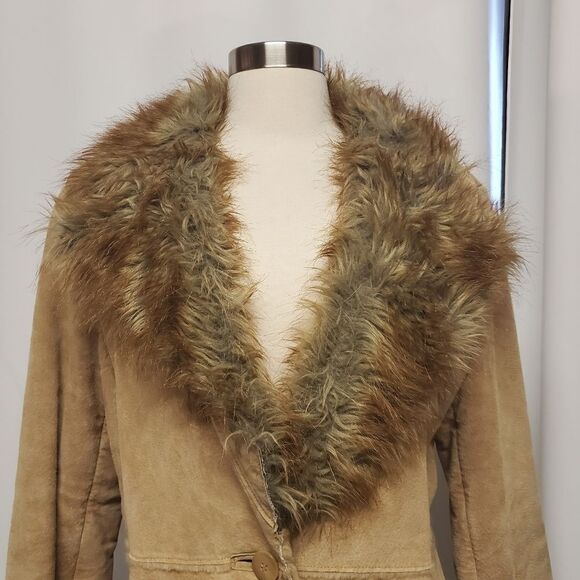 Vintage 90s y2k Penny Lane Style Tan Leather Faux Fur Collar Plush Jacket Md - Picture 2 of 7